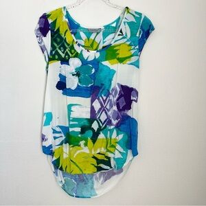 Jams World Womens Top Small White Blue Tropical Hawaiian Long Artsy Fun Vacation